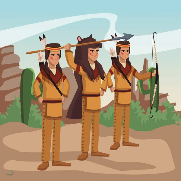 Guerreros indios americanos en la aldea — Vector de stock