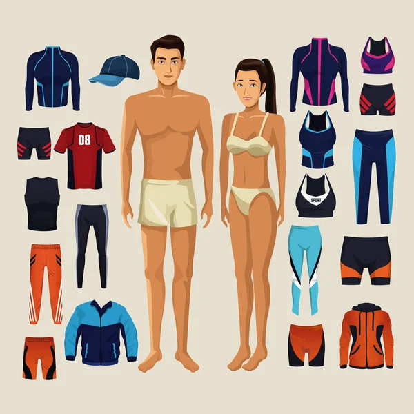 Modèles homme et femme avec vêtements de sport fitness — Image vectorielle
