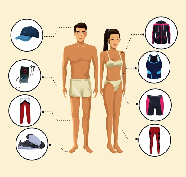 Modèles homme et femme avec vêtements de sport fitness — Image vectorielle