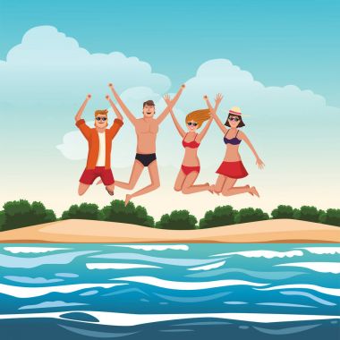 Gençler kumsalda atlama