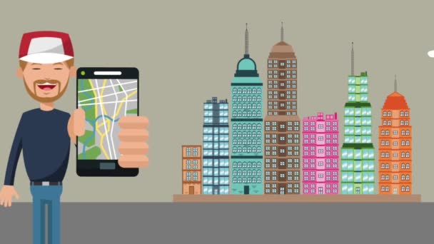 Homme utilisant l'application GPS à l'animation HD de la ville 