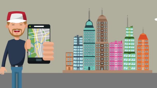 Homme utilisant l'application GPS à l'animation HD de la ville — Video
