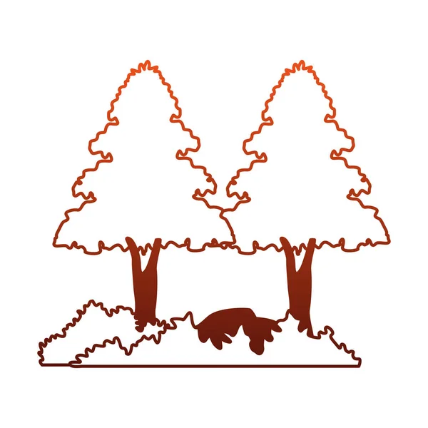 Baum mit Sträuchern und Steinen auf roten Linien — Stockvektor