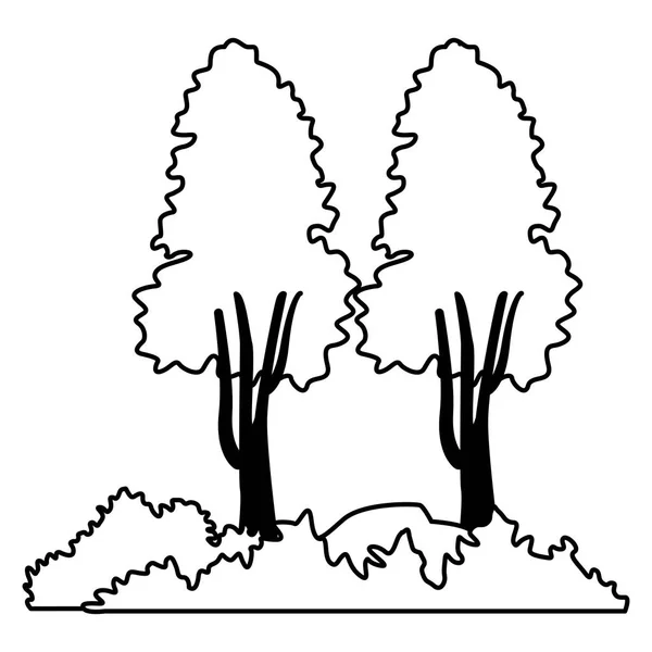 Árbol con arbustos y rocas en blanco y negro — Vector de stock