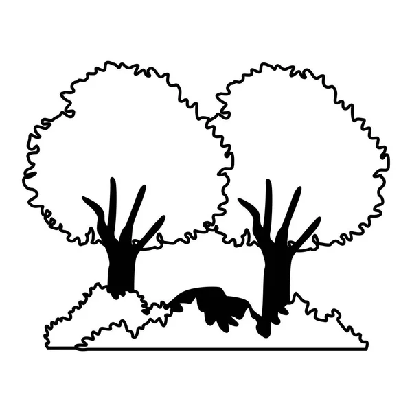 Árbol con arbustos y rocas en blanco y negro — Vector de stock