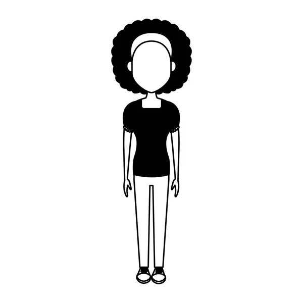 Siyah ve beyaz genç kadın karikatür — Stok Vektör