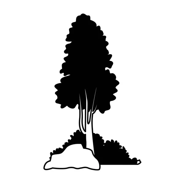 Arbre avec buissons et rochers sur noir et blanc — Image vectorielle