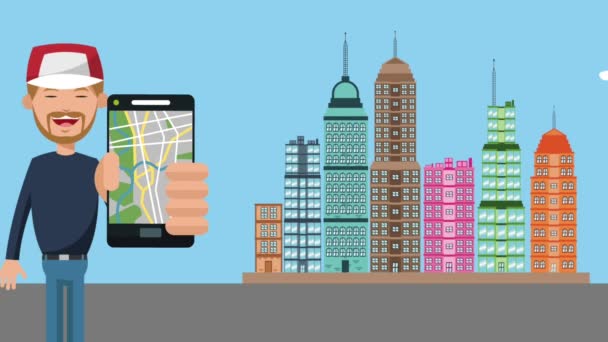 Homme utilisant l'application GPS à l'animation HD de la ville — Video