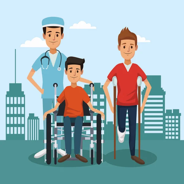 Paciente en silla de ruedas fuera del hospital — Vector de stock