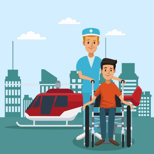 Пациент на инвалидной коляске за пределами больницы — стоковый вектор