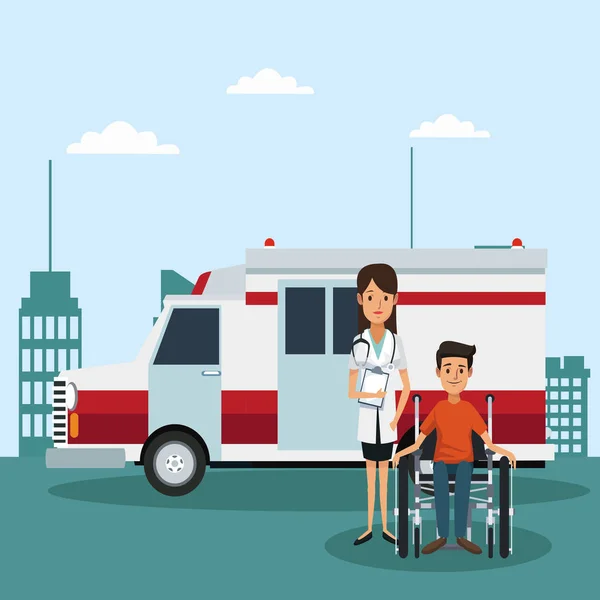 Pacjenta na wózku poza szpitalem — Wektor stockowy