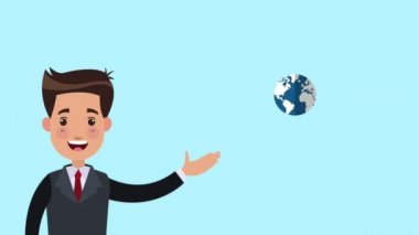 İnsanlar dünya Hd animasyon çevresinde gösterilen işadamı