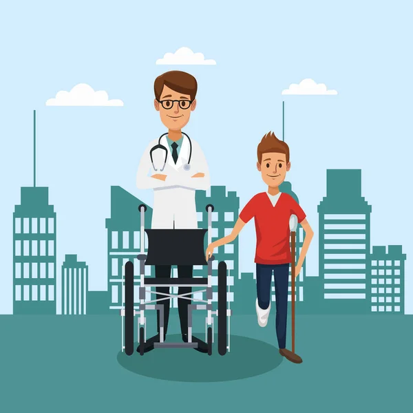 Ασθενή στην αναπηρική καρέκλα έξω από Νοσοκομείο — Διανυσματικό Αρχείο