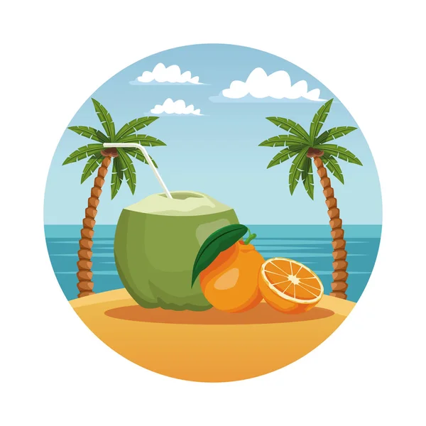 Símbolo redondo verano y playa — Vector de stock