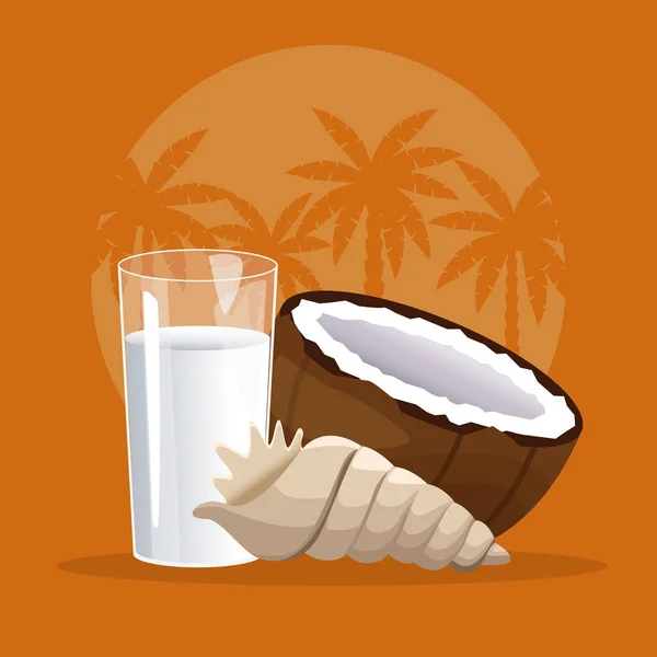 Lait de coco et charbon de bois sur la plage — Image vectorielle