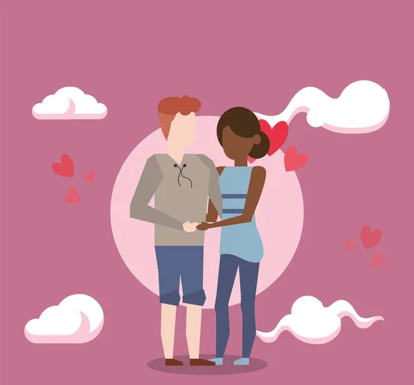 Söta interracial älskare par med hjärtan — Stock vektor