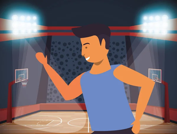 Jeune athlète joueur de basket-ball au tribunal — Image vectorielle