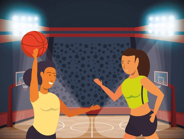 Jóvenes atletas jugando baloncesto con globo — Vector de stock