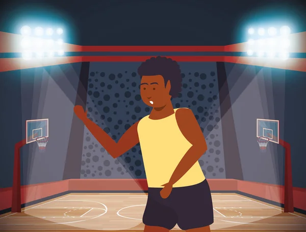 Jeune athlète afro joueur de basket dans le court — Image vectorielle