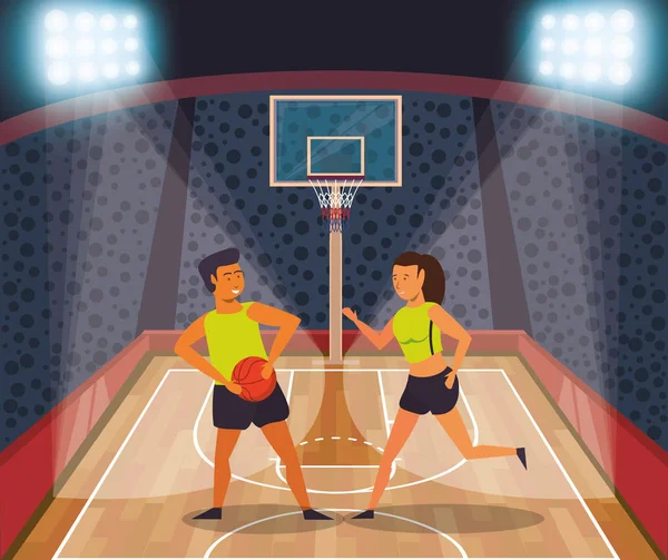 Joven pareja atletas jugando baloncesto con globo — Vector de stock