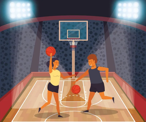 Joven pareja atletas jugando baloncesto con globo — Vector de stock