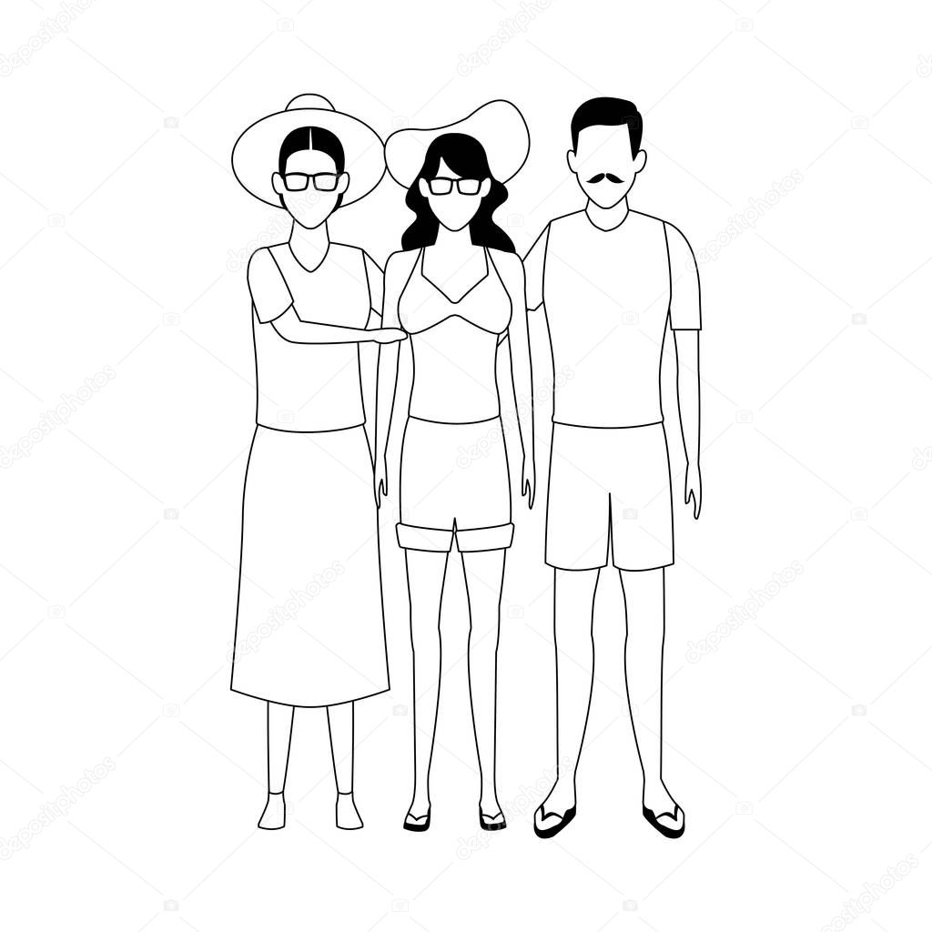 old couple and woman wearing beach clothes icon