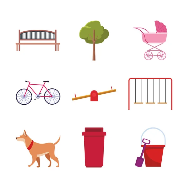 Set of park objects and dog, flat design — 스톡 벡터