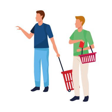 Süpermarket sepetleri olan avatar adamlar, düz dizayn