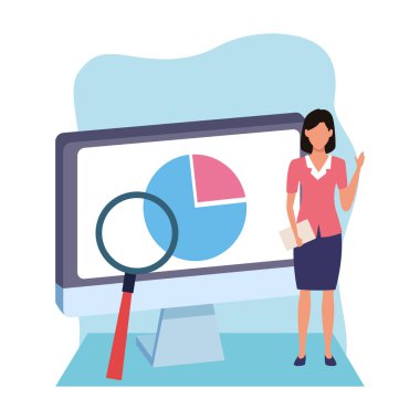 Bilgisayarlı ve büyüteçli iş kadını, renkli tasarım.