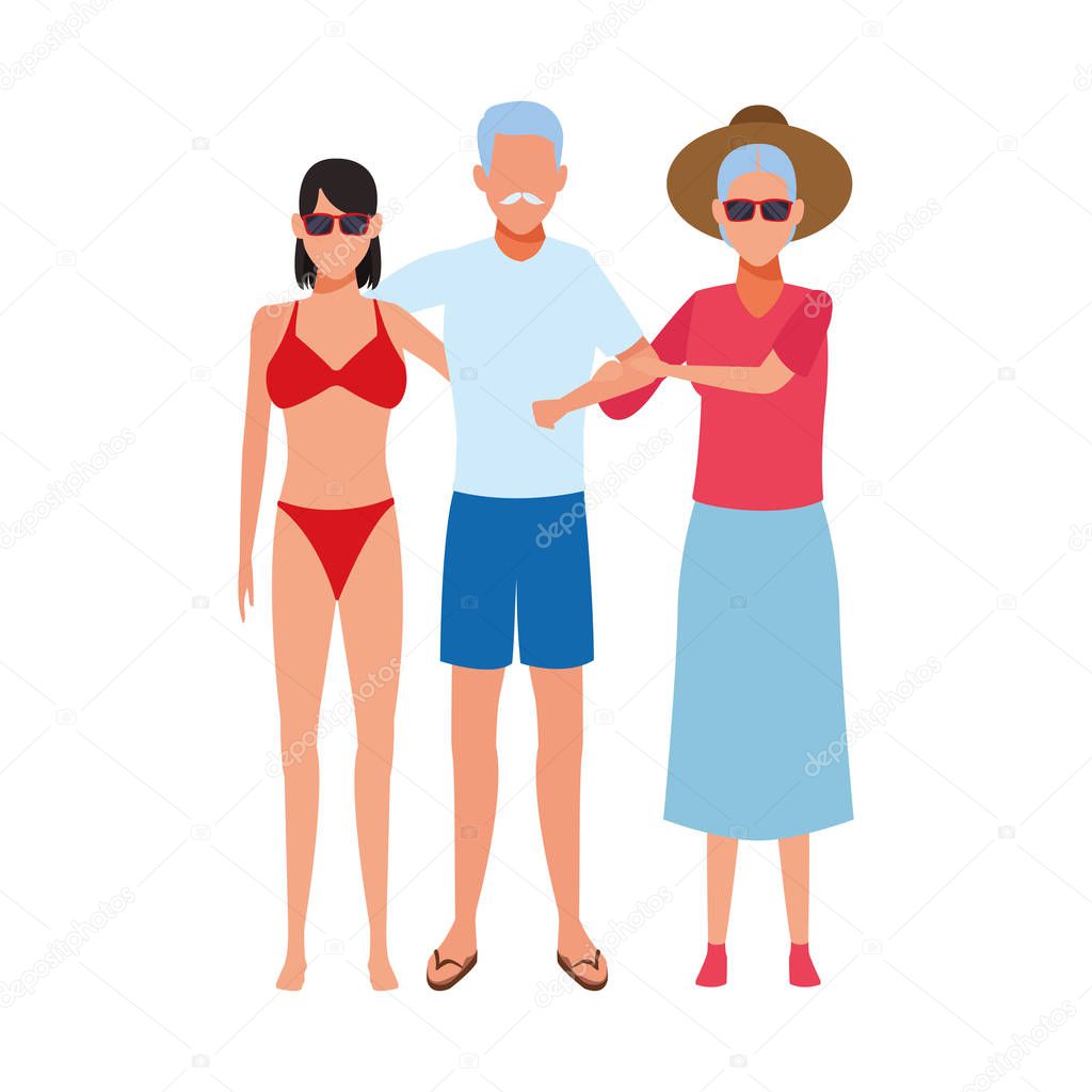 old couple and woman wearing beach clothes icon