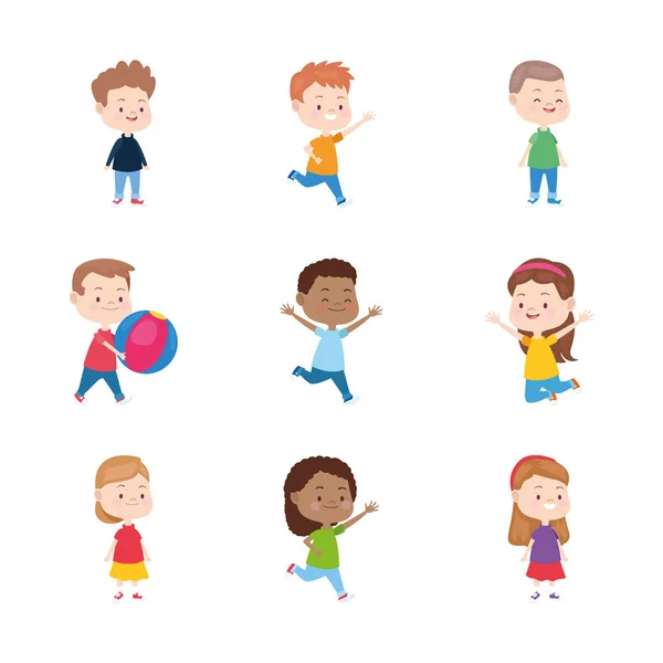 Icono conjunto de dibujos animados niños felices divertirse — Vector de stock