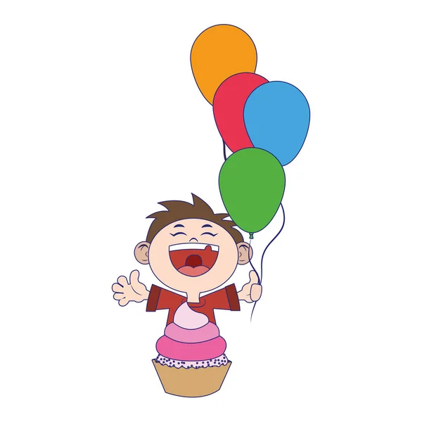 Desenho animado menino feliz com balões e cupcake ícone, design colorido — Vetor de Stock