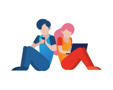 Akıllı telefon ve dizüstü bilgisayar kullanan genç çift