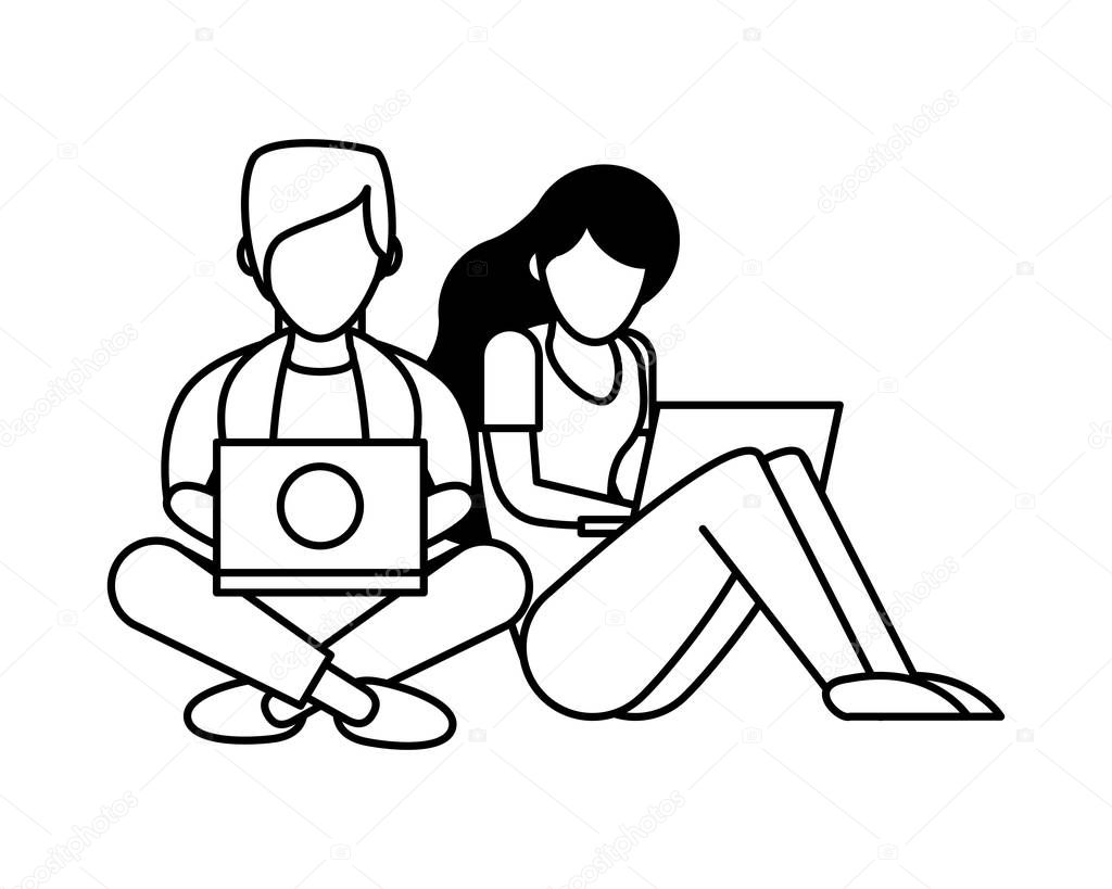 young couple using laptop avatars characters