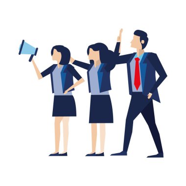 Şık iş adamları megafonla çalışıyorlar.