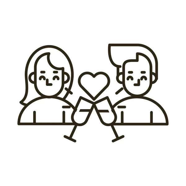 Happy valentines day couple with heart and cups — 스톡 벡터