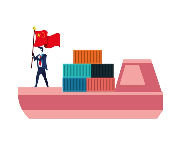 Merchant ship with businessman and china flag — Stock Vector