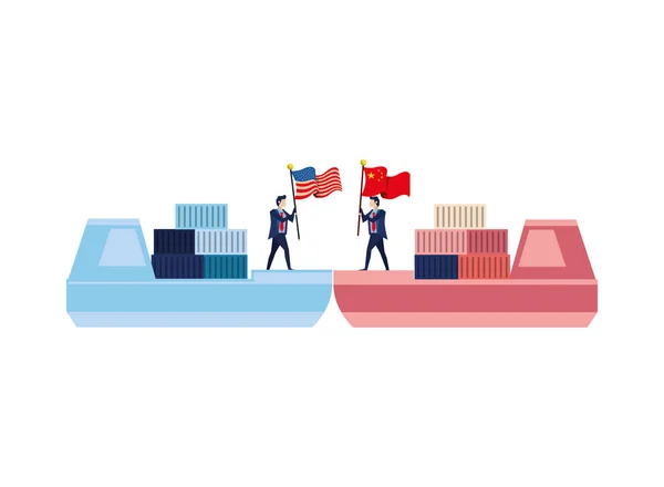 Kereskedelmi hajók üzletemberekkel, USA és Kína zászlókkal — Stock Vector