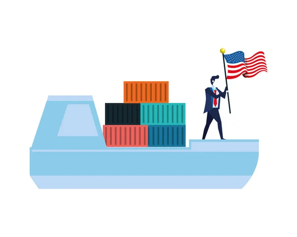 Kereskedelmi hajó üzletemberrel és amerikai zászlóval — Stock Vector