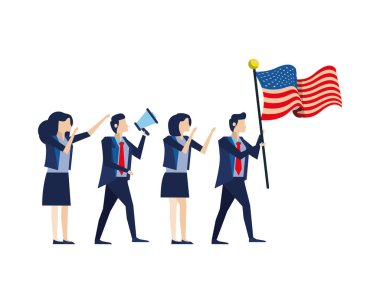 Amerikan bayrağı ve megafonu olan iş adamları.