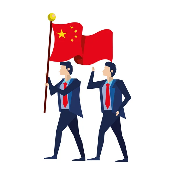 Hombres de negocios con bandera China caracteres — Vector de stock