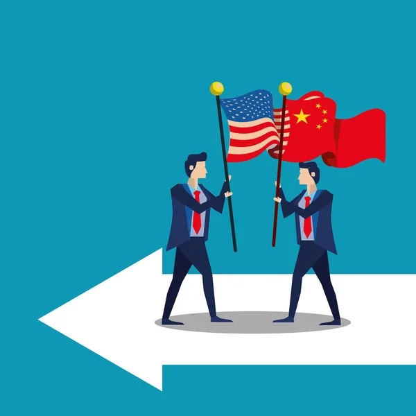 Businessmen with united states american and china flag — Stock Vector