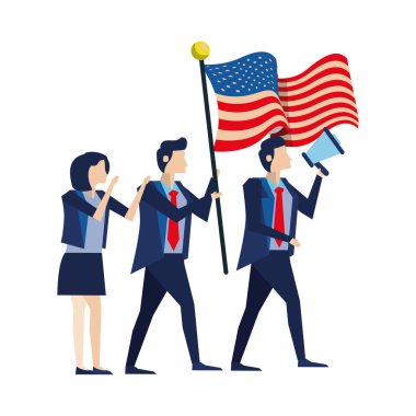 Amerikan bayrağı ve megafonu olan iş adamları.