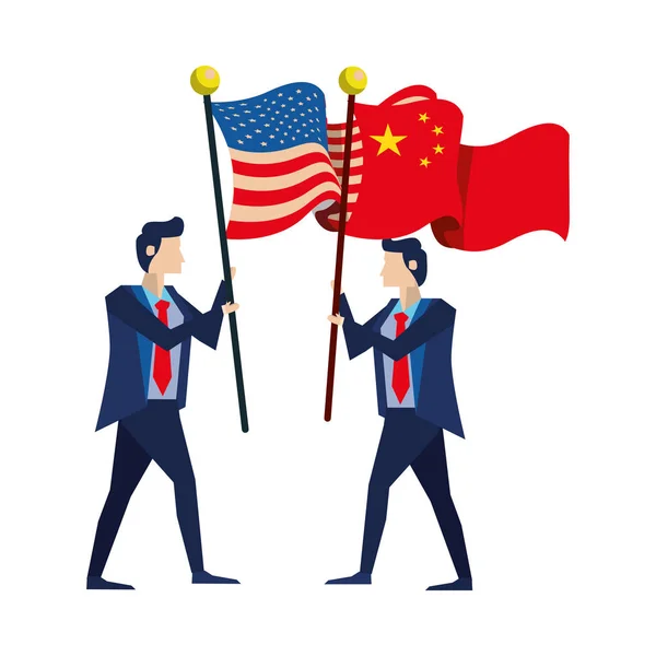Businessmen with united states american and china flag — Stock Vector