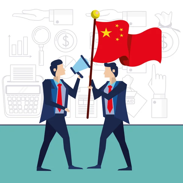 Uomini d'affari con bandiera Cina e megafono — Vettoriale Stock