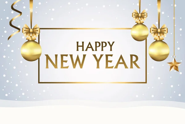 Ευτυχισμένο το νέο έτος κάρτα με μπάλες και χρυσό πλαίσιο — Διανυσματικό Αρχείο