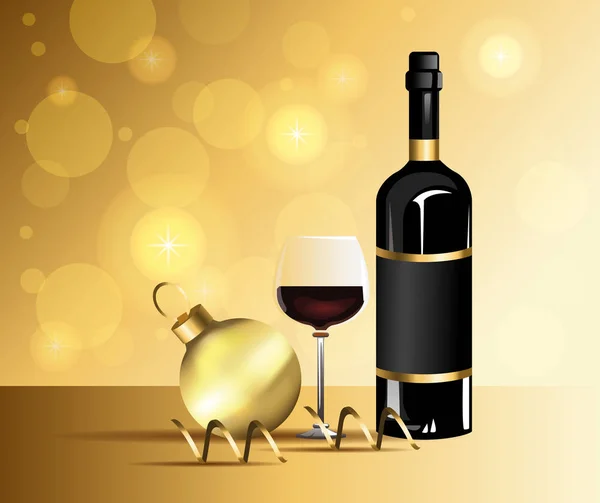 Ευτυχισμένο το νέο έτος κάρτα με μπουκάλι κρασί και μπάλα — Διανυσματικό Αρχείο