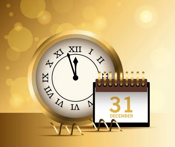 Ευτυχισμένο το νέο έτος κάρτα με ρολόι και ημερολόγιο — Διανυσματικό Αρχείο
