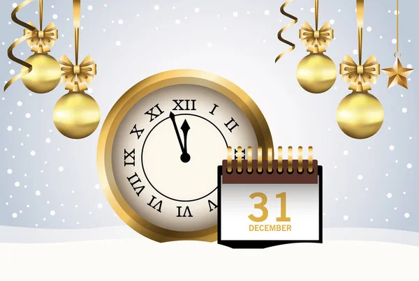 Ευτυχισμένο το νέο έτος κάρτα με ρολόι και ημερολόγιο — Διανυσματικό Αρχείο