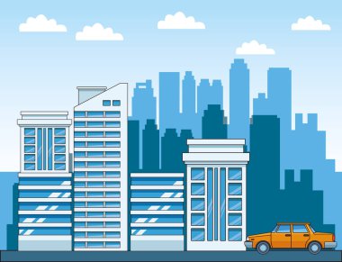 şehir manzarası modern bina ve klasik araba ile